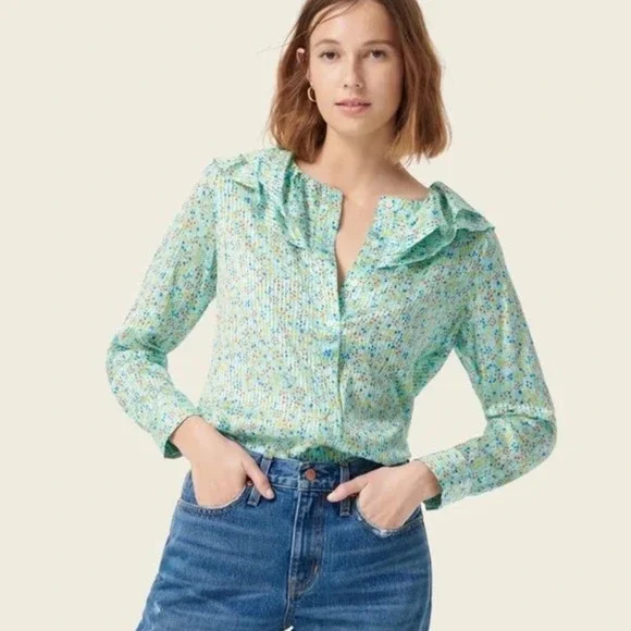 J. Crew Ruffle Blouse Aqua Metallic Floral Field Day Print Size Small - Picture 2 of 8
